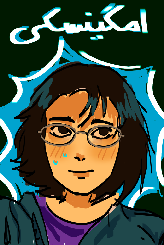 A girl short, dark brown hair, dark brown eyes, tan skin, and glasses drawn in a semi-realistic style with vibrant colours.