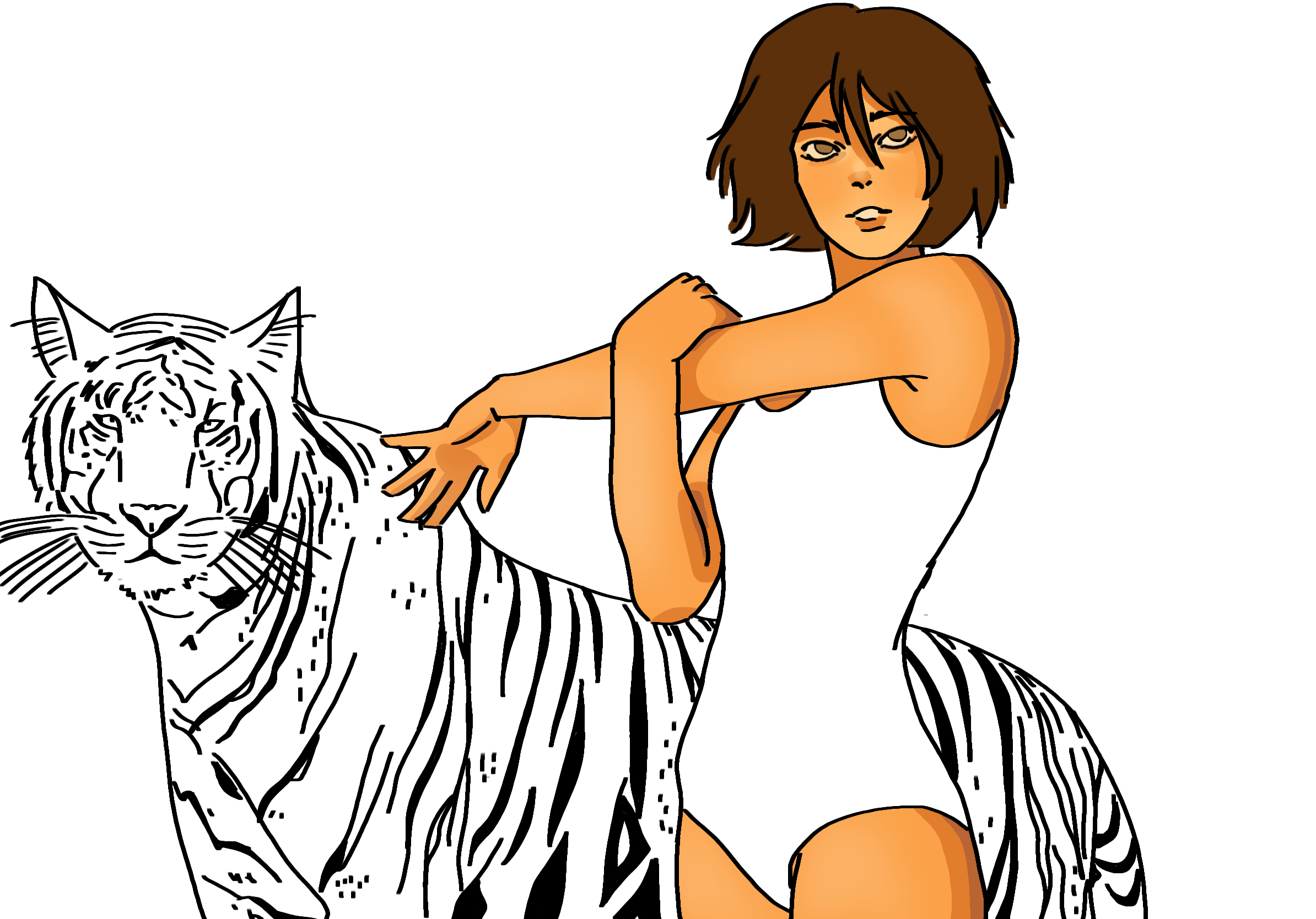 A girl with short, light brown hair, light brown eyes and tan skin stretching in athletic clothes drawn in a semi-realistic style beside a Bengal tiger. Only the girl is in colour, but the rest of the drawing is in black and white.