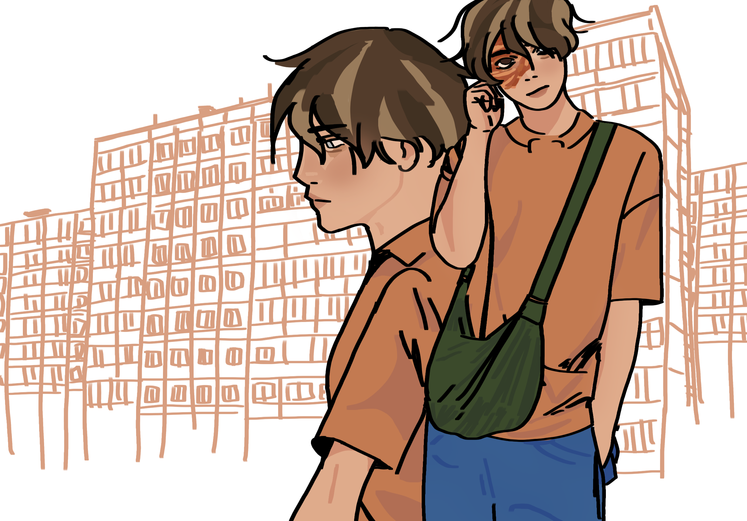 Two portraits of a boy with short, calico hair, tan skin, heterochromia and a burn scar wearing a green bag, an orange coloured shirt and blue pants. One portrait is close up and is a side profile and the other is a front profile fullbody. In the portraits he stands infront of an artistic image of a brezhnevka.